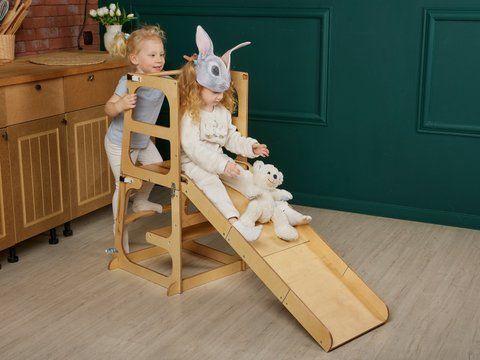 Весела гірка | Вежа помічника Лак трансформер - Стіл і стілець 2 в 1 Little Mark's Lab. Вежа Монтессорі із захисною сіткою 104996693 фото