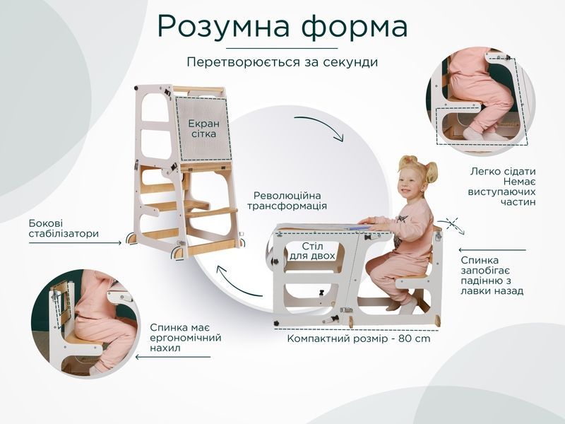 Стульчик+ | Башня Монтессори Лак 8в1 с защитной сеткой, держателем для бумаги, меловой доской и дополнительным стульчиком. Башня помощника - Детский столик и стульчик 2 в 1 Little Mark's Lab. 1053898355 фото
